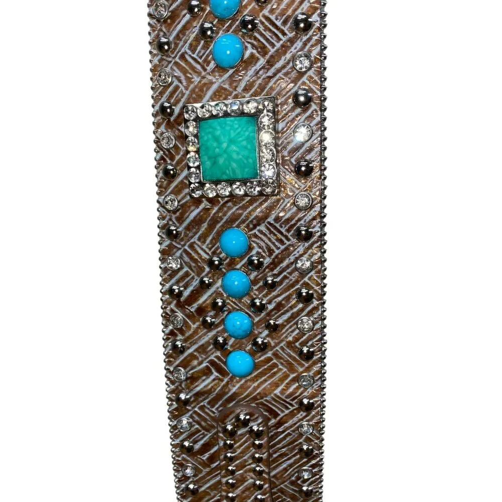 Ariat Wide Brown Western Rhinestone & Turquoise Genuine Leather Belt XL With Sil